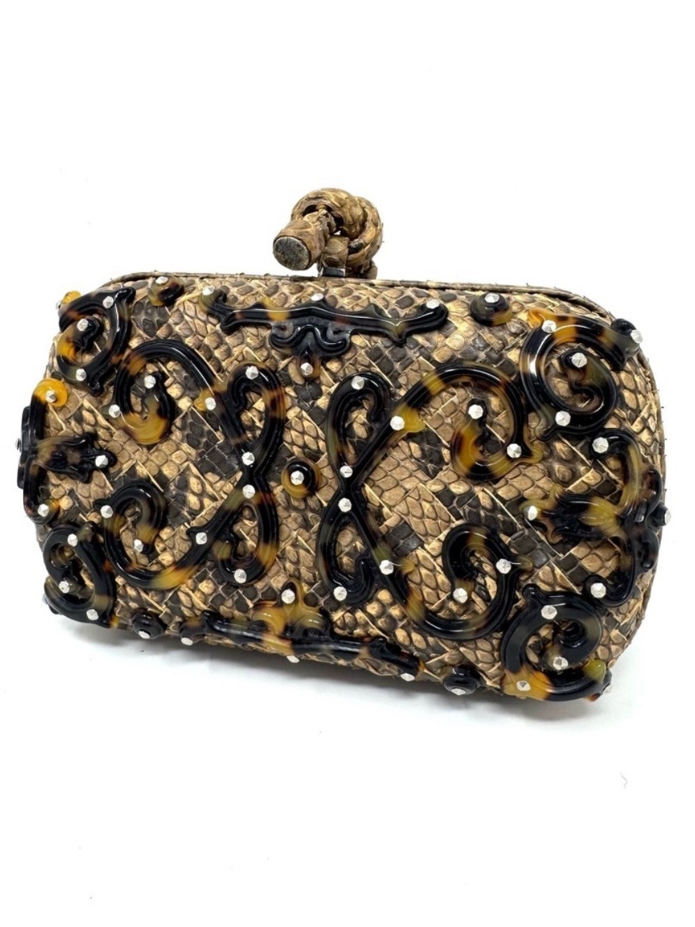 Rare Limited Edition Bottega Veneta Brown Tortoise Appliqué & Python Knot Clutch